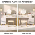 Vanity Desk with LED Mirror, Stool & 6 Wood Drawers, White