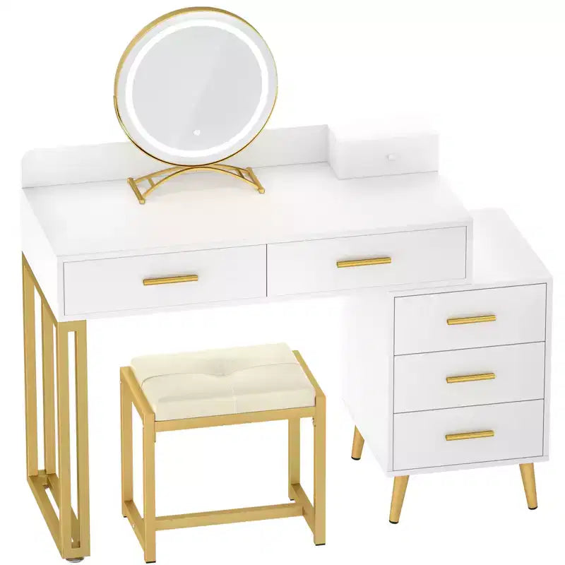Vanity Desk with LED Mirror, Stool & 6 Wood Drawers, White