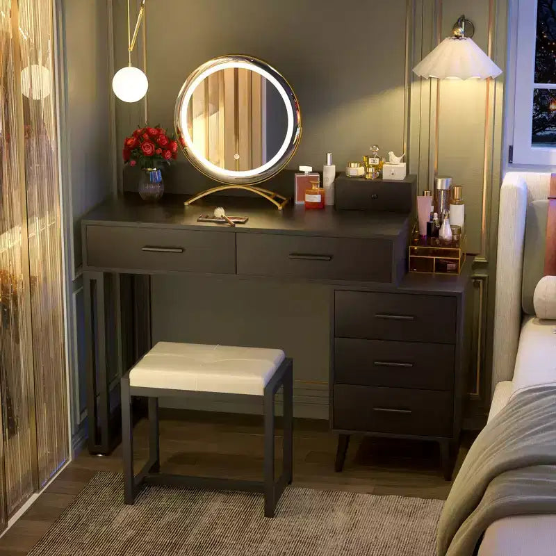 Vanity Desk with LED Mirror, Stool & 6 Wood Drawers, White