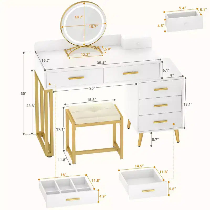 Vanity Desk with LED Mirror, Stool & 6 Wood Drawers, White