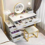 Vanity Desk with LED Mirror, Stool & 6 Wood Drawers, White