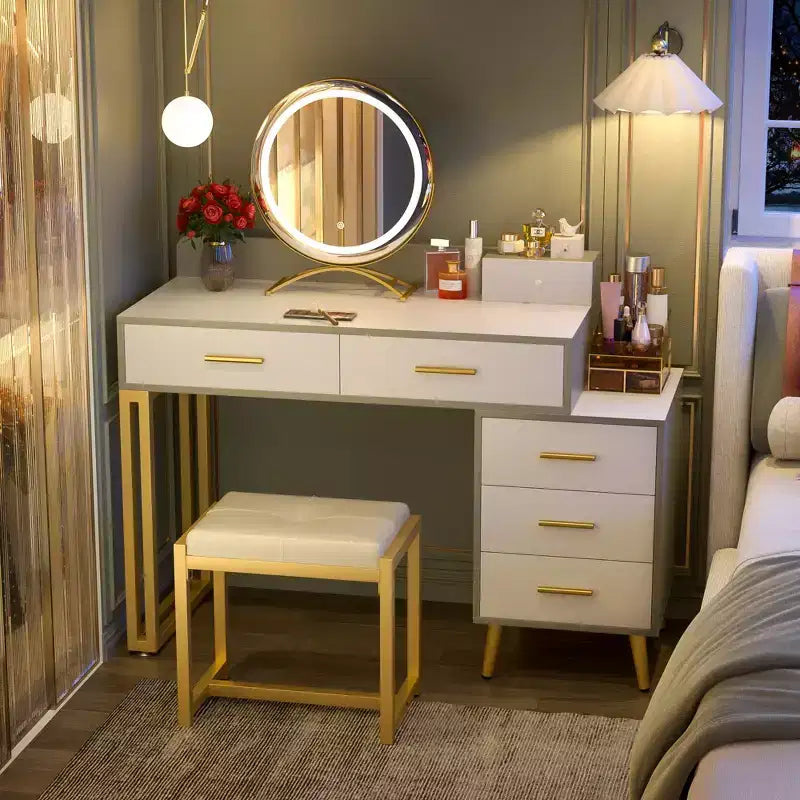 Vanity Desk with LED Mirror, Stool & 6 Wood Drawers, White