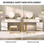 Vanity Desk with LED Mirror, Stool & 6 Wood Drawers, White
