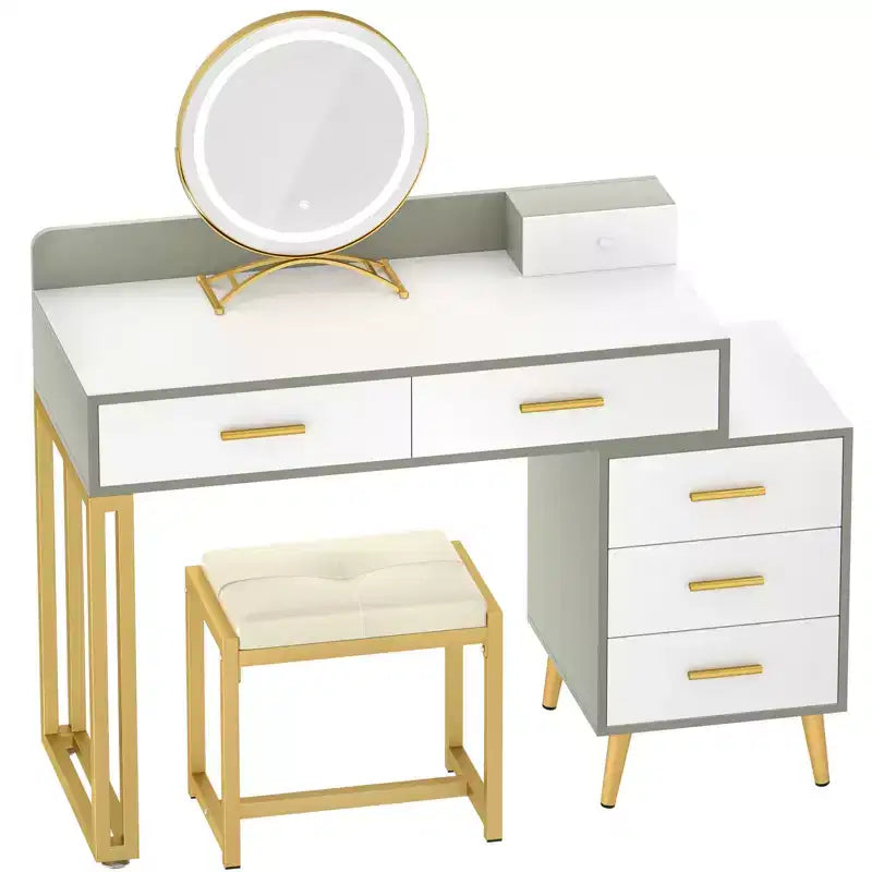 Vanity Desk with LED Mirror, Stool & 6 Wood Drawers, White