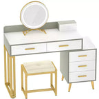 Vanity Desk with LED Mirror, Stool & 6 Wood Drawers, White