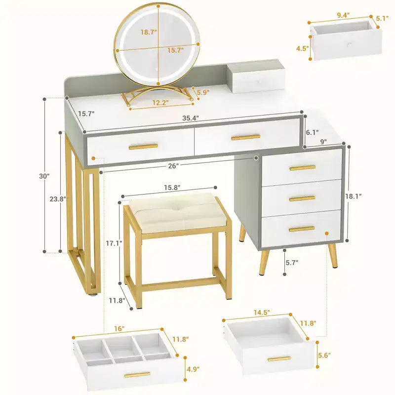 Vanity Desk with LED Mirror, Stool & 6 Wood Drawers, White