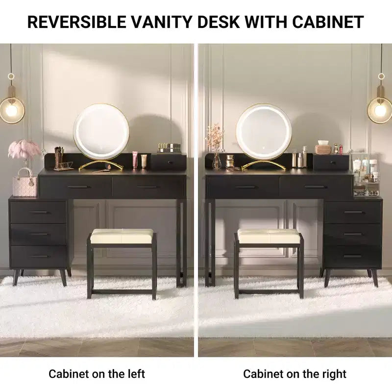 Vanity Desk with LED Mirror, Stool & 6 Wood Drawers, White