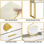 Vanity Desk with LED Mirror, Stool & 6 Wood Drawers, White