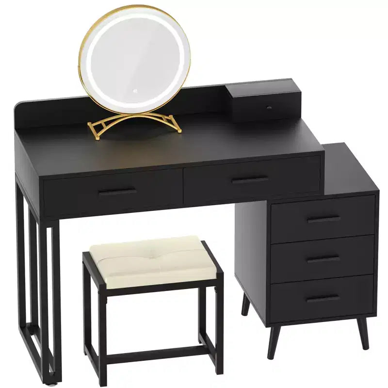 Vanity Desk with LED Mirror, Stool & 6 Wood Drawers, White