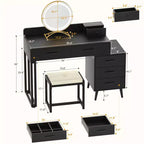 Vanity Desk with LED Mirror, Stool & 6 Wood Drawers, White