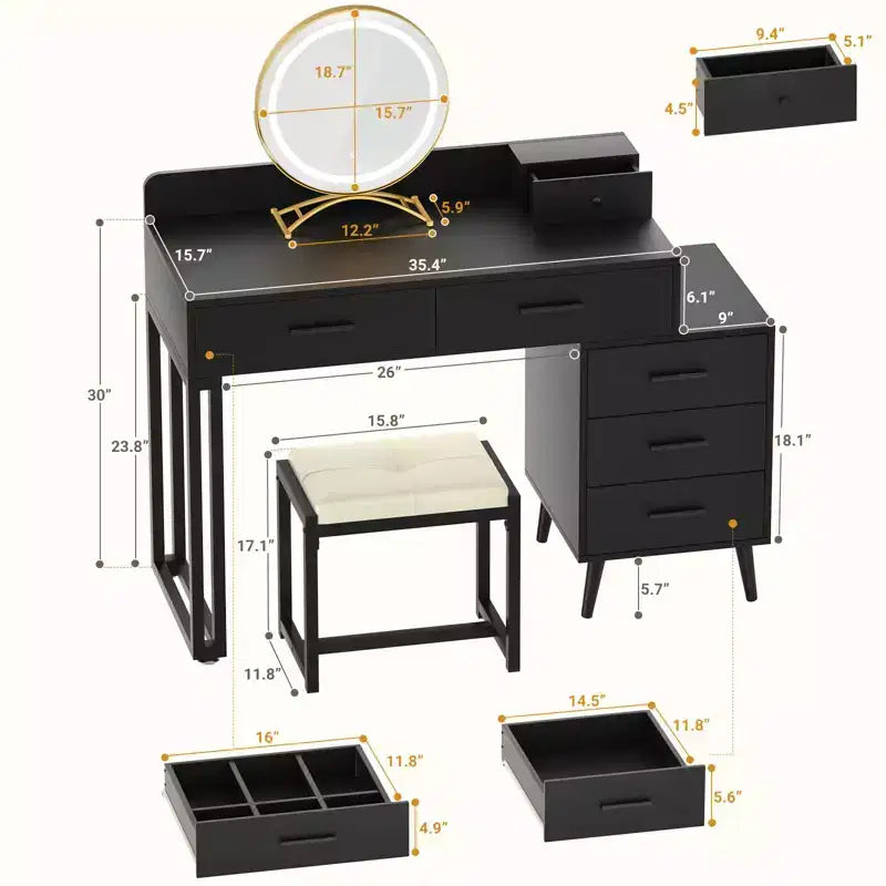 Vanity Desk with LED Mirror, Stool & 6 Wood Drawers, White