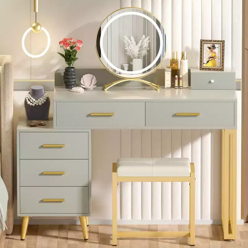 Vanity Desk with LED Mirror, Stool & 6 Wood Drawers, White