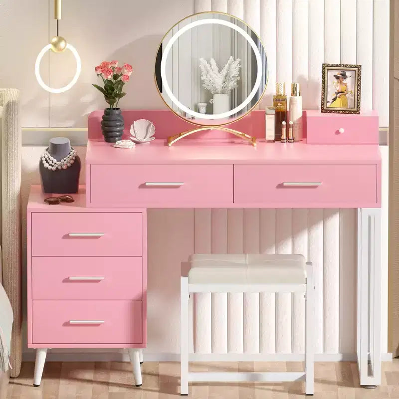 Vanity Desk with LED Mirror, Stool & 6 Wood Drawers, White