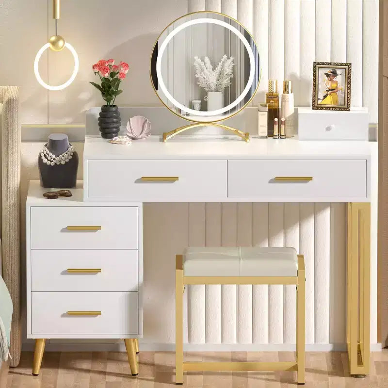 Vanity Desk with LED Mirror, Stool & 6 Wood Drawers, White