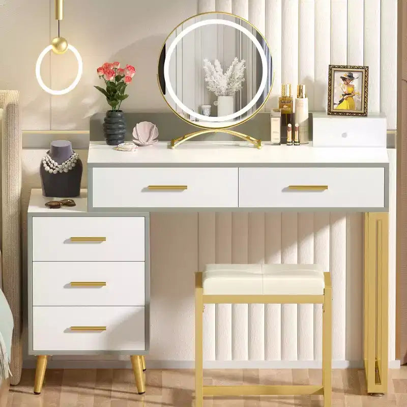 Vanity Desk with LED Mirror, Stool & 6 Wood Drawers, White
