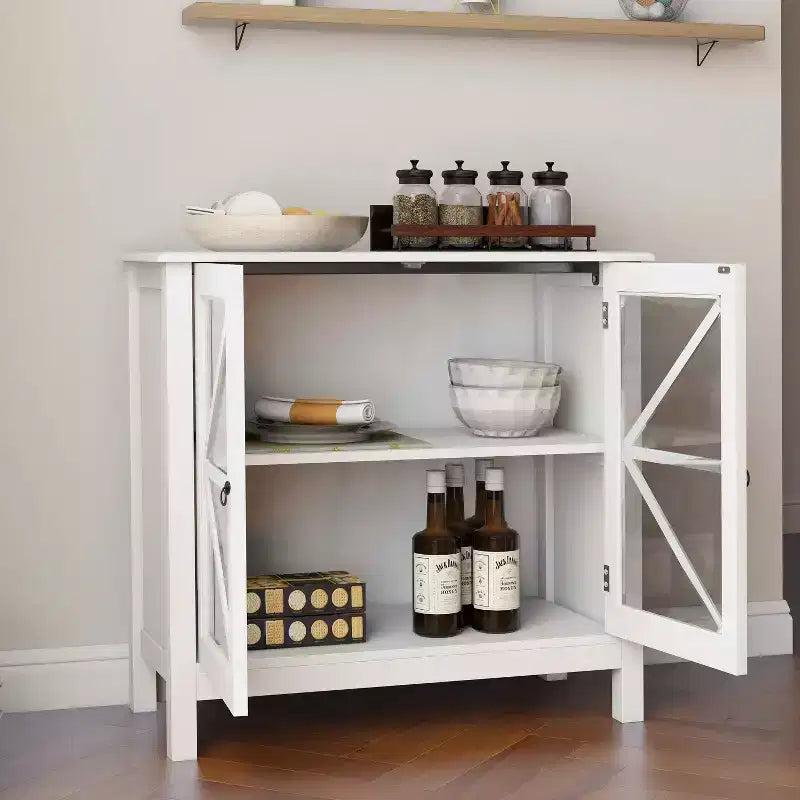 Kitchen Display Cabinet with Double Glass Doors & Adjustable Shelf