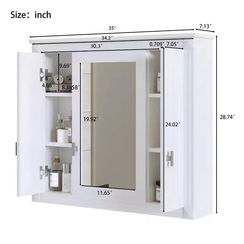 Bathroom Wall Cabinet with Mirror Door & 4 Adjustable Shelves, White