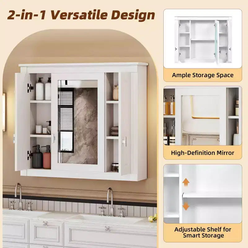 Bathroom Wall Cabinet with Mirror Door & 4 Adjustable Shelves, White