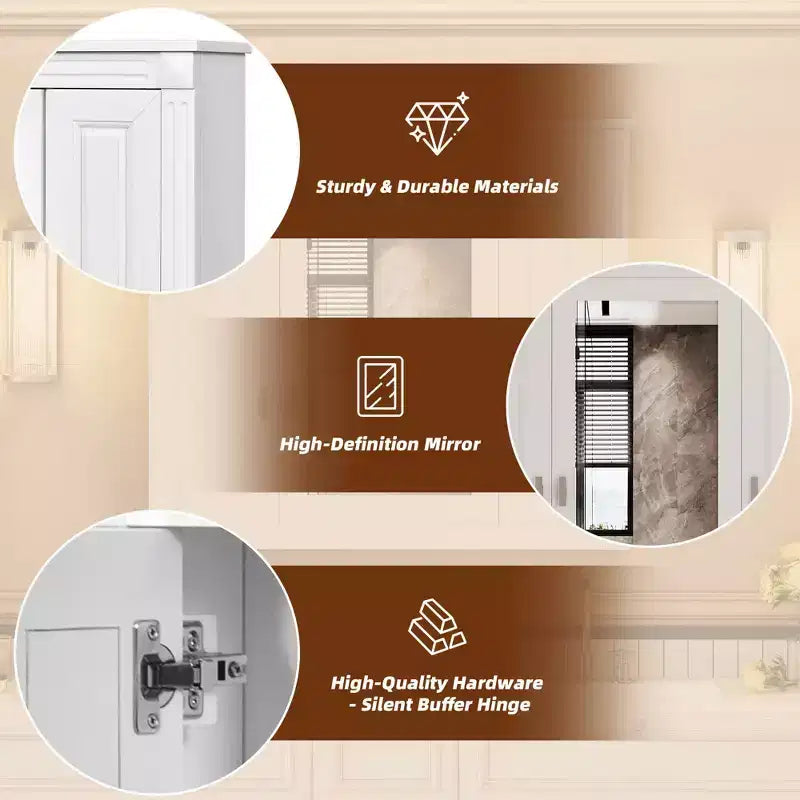Bathroom Wall Cabinet with Mirror Door & 4 Adjustable Shelves, White
