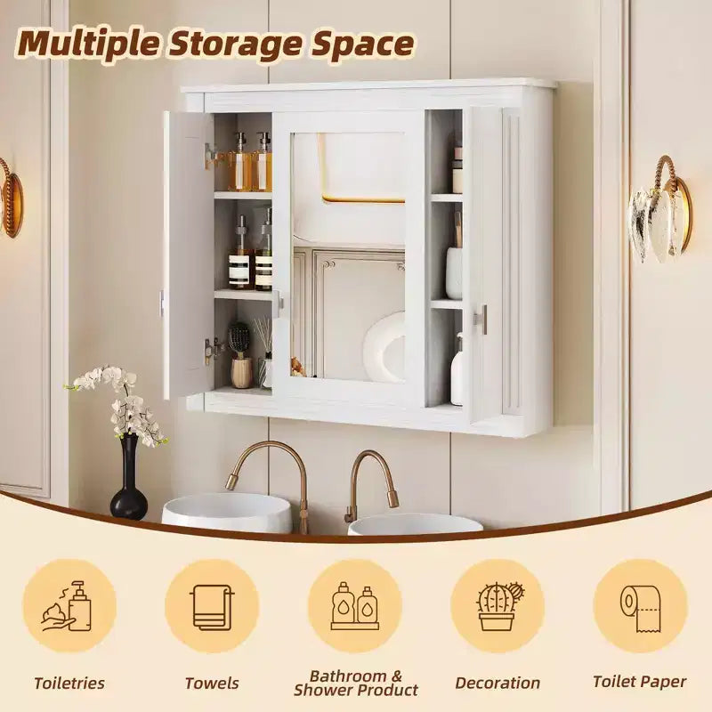 Bathroom Wall Cabinet with Mirror Door & 4 Adjustable Shelves, White