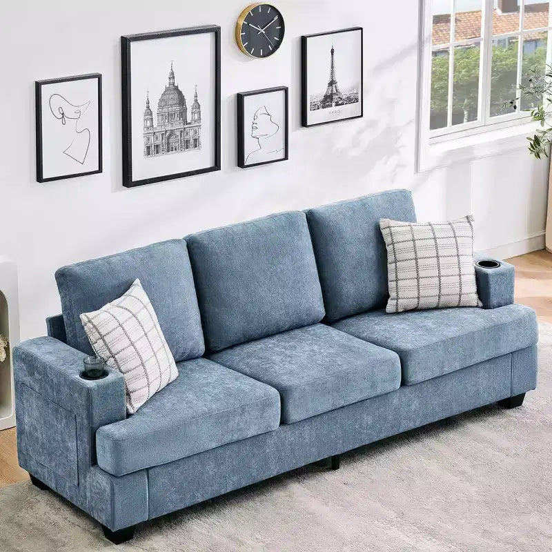 Modern 89" 3-Seater Chenille Sofa with Cup Holders & Side Storage Pockets