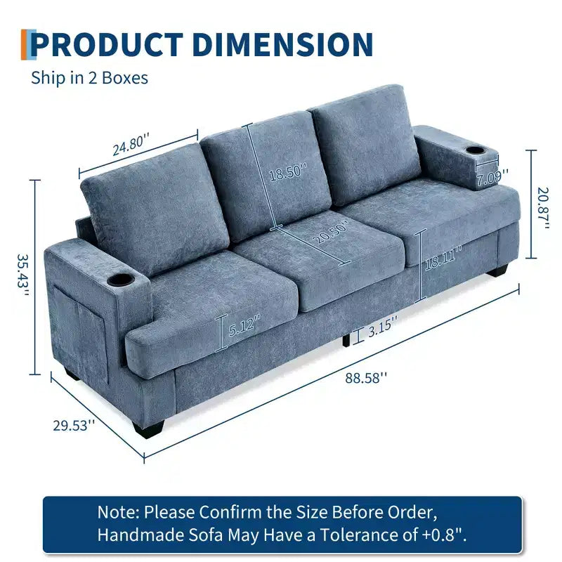 Modern 89" 3-Seater Chenille Sofa with Cup Holders & Side Storage Pockets
