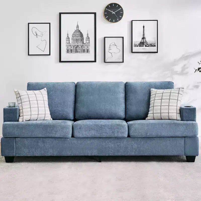 Modern 89" 3-Seater Chenille Sofa with Cup Holders & Side Storage Pockets