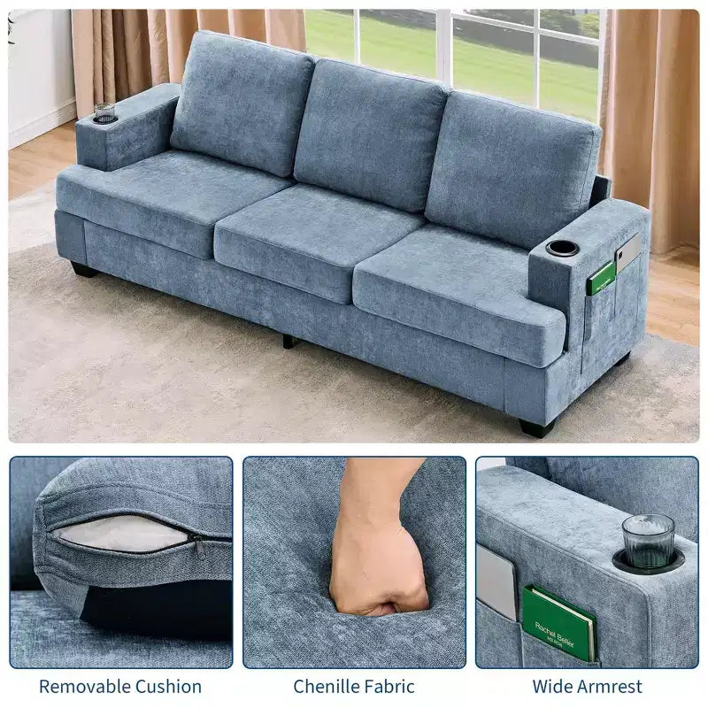Modern 89" 3-Seater Chenille Sofa with Cup Holders & Side Storage Pockets