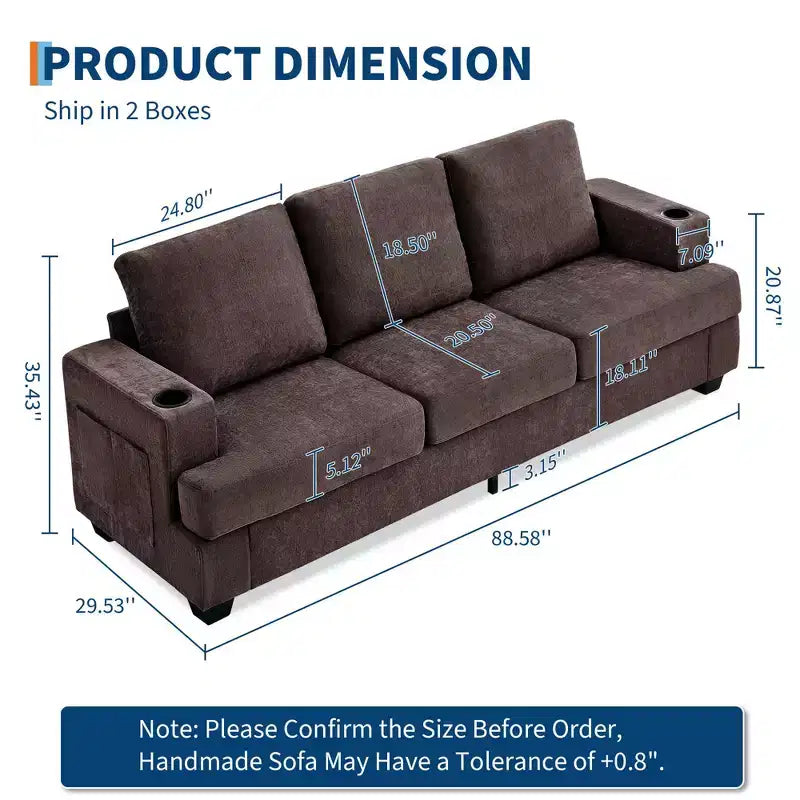 Modern 89" 3-Seater Chenille Sofa with Cup Holders & Side Storage Pockets