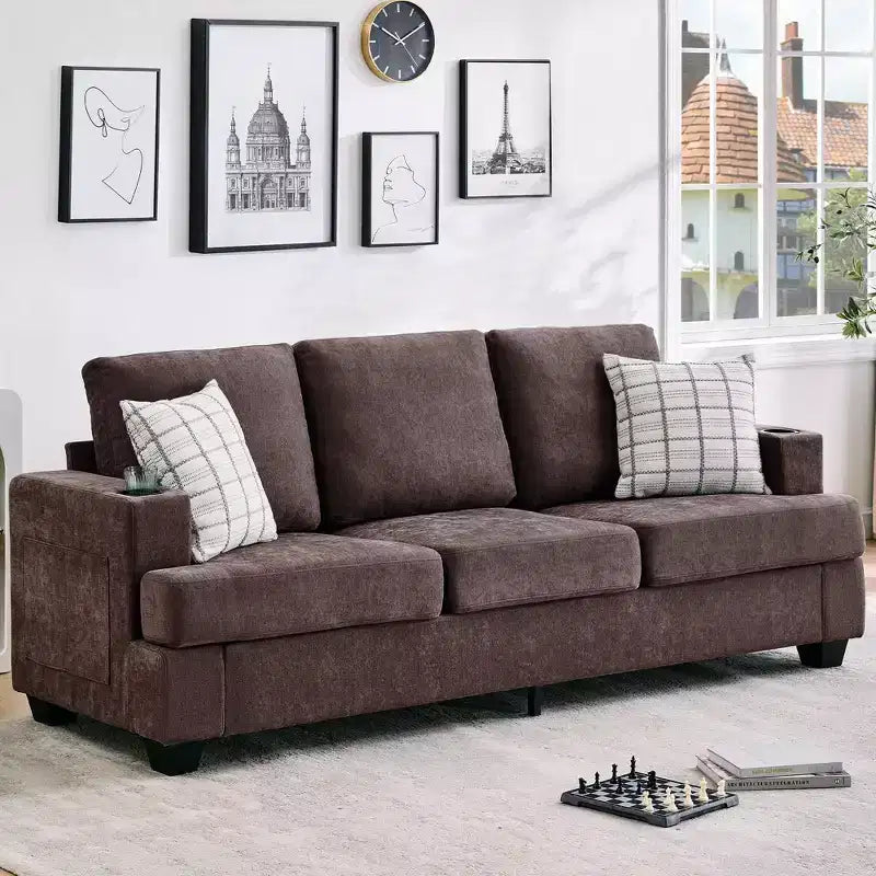 Modern 89" 3-Seater Chenille Sofa with Cup Holders & Side Storage Pockets