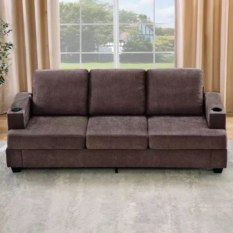 Modern 89" 3-Seater Chenille Sofa with Cup Holders & Side Storage Pockets