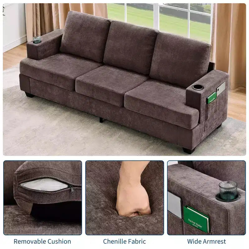 Modern 89" 3-Seater Chenille Sofa with Cup Holders & Side Storage Pockets