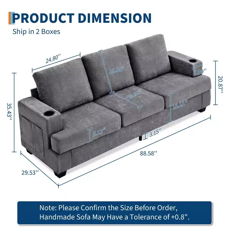 Modern 89" 3-Seater Chenille Sofa with Cup Holders & Side Storage Pockets