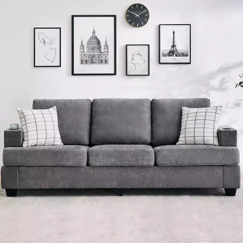 Modern 89" 3-Seater Chenille Sofa with Cup Holders & Side Storage Pockets