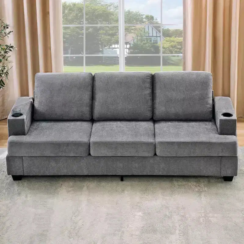 Modern 89" 3-Seater Chenille Sofa with Cup Holders & Side Storage Pockets