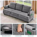 Modern 89" 3-Seater Chenille Sofa with Cup Holders & Side Storage Pockets