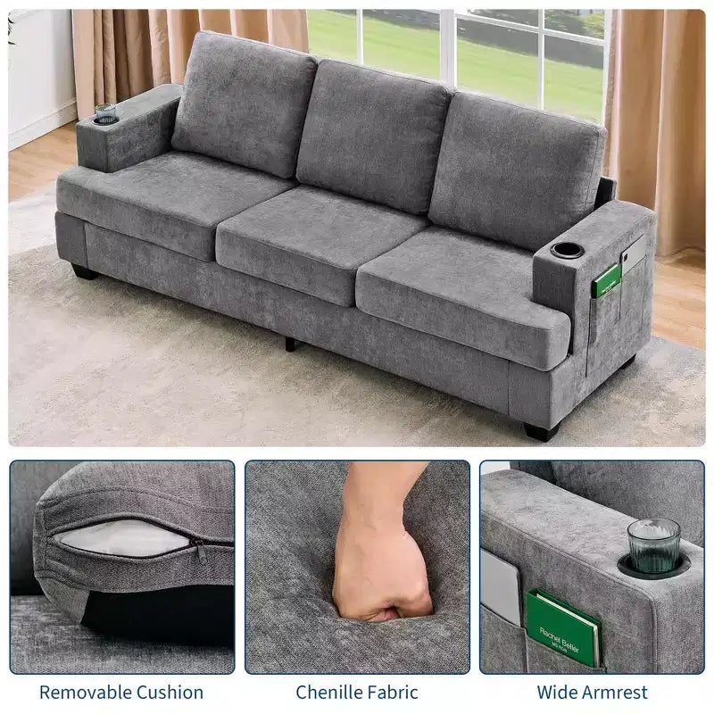 Modern 89" 3-Seater Chenille Sofa with Cup Holders & Side Storage Pockets