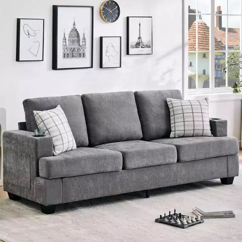 Modern 89" 3-Seater Chenille Sofa with Cup Holders & Side Storage Pockets