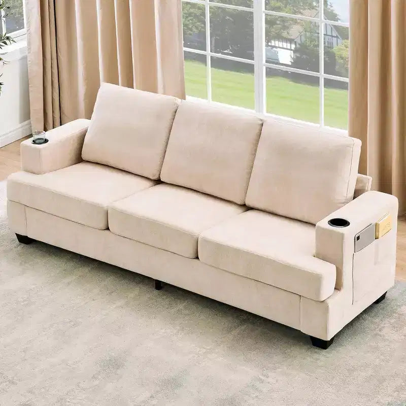 Modern 89" 3-Seater Chenille Sofa with Cup Holders & Side Storage Pockets