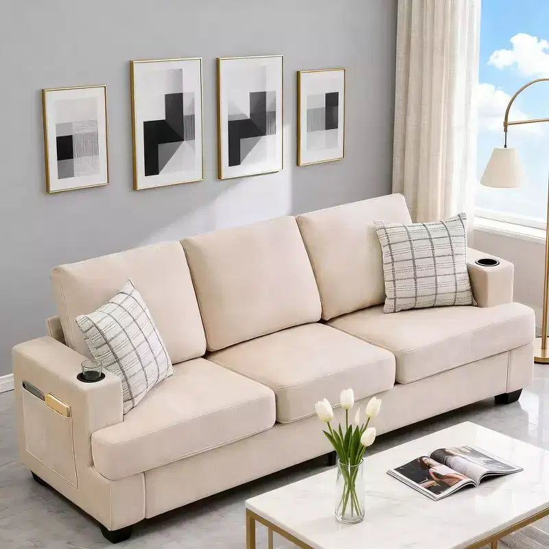 Modern 89" 3-Seater Chenille Sofa with Cup Holders & Side Storage Pockets
