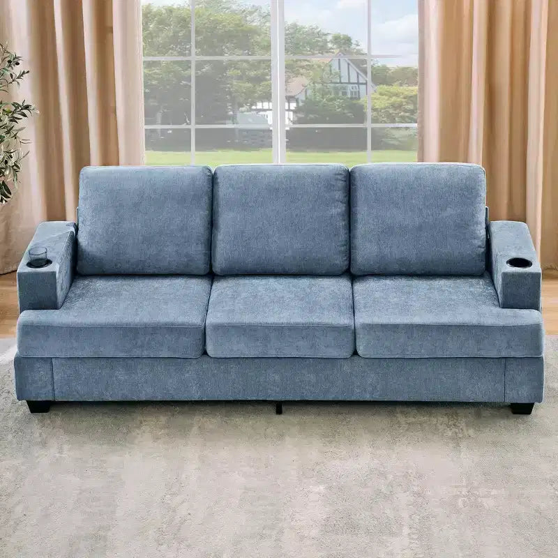 Modern 89" 3-Seater Chenille Sofa with Cup Holders & Side Storage Pockets