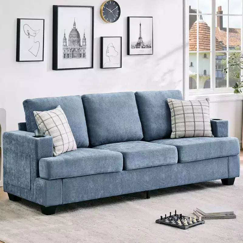 Modern 89" 3-Seater Chenille Sofa with Cup Holders & Side Storage Pockets