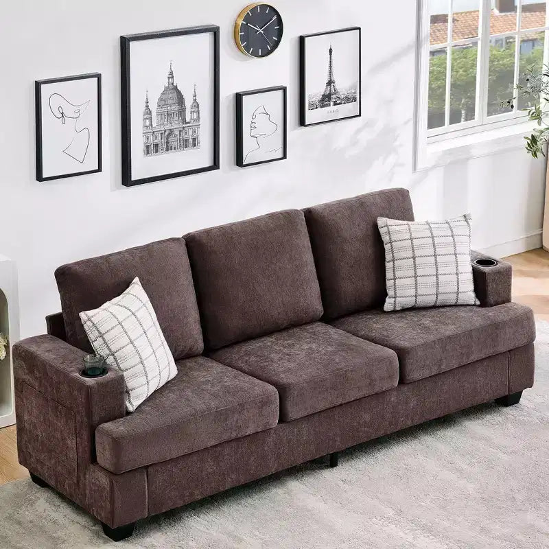 Modern 89" 3-Seater Chenille Sofa with Cup Holders & Side Storage Pockets