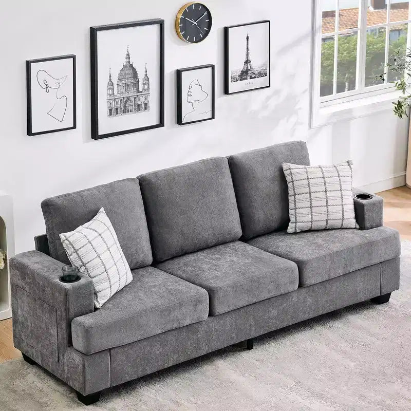 Modern 89" 3-Seater Chenille Sofa with Cup Holders & Side Storage Pockets
