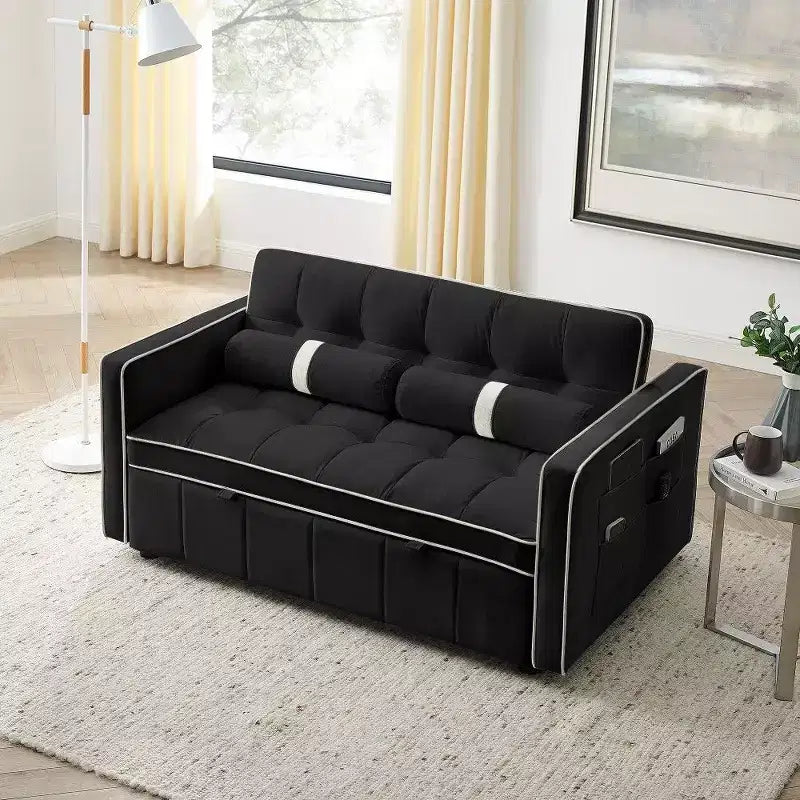 55.5" Pull-Out Velvet Sofa Bed with Adjustable Backrest & Side Pockets