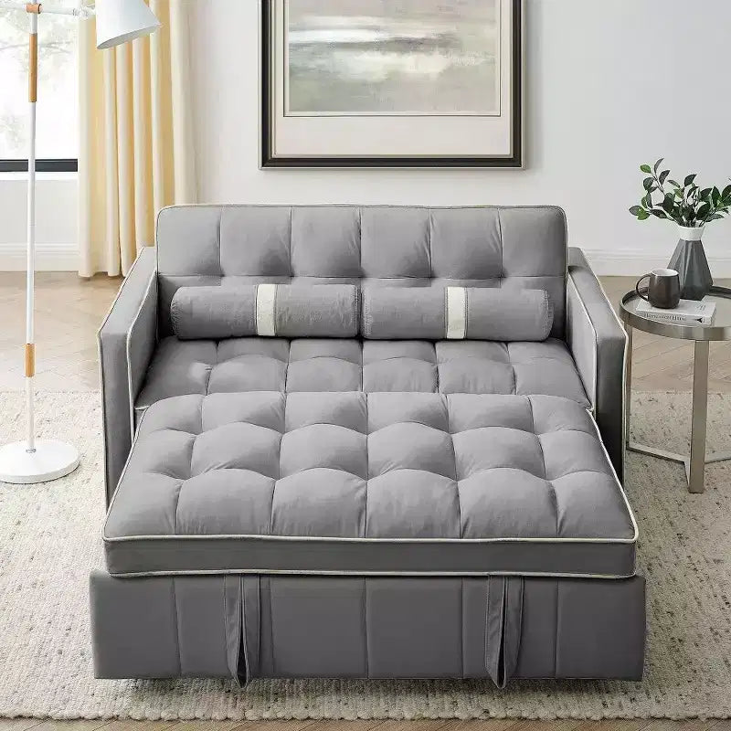 55.5" Pull-Out Velvet Sofa Bed with Adjustable Backrest & Side Pockets