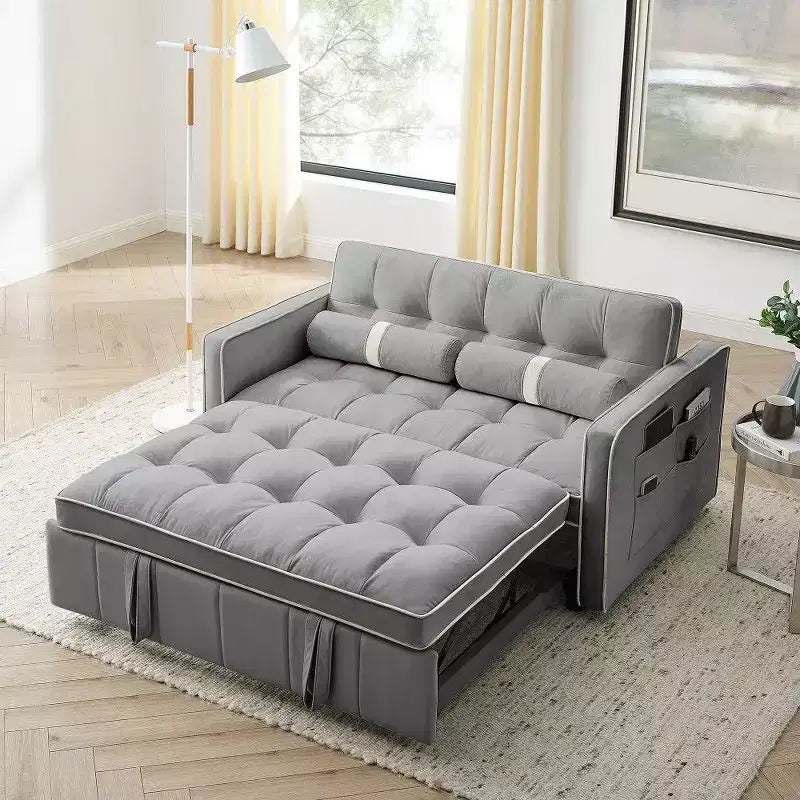 55.5" Pull-Out Velvet Sofa Bed with Adjustable Backrest & Side Pockets