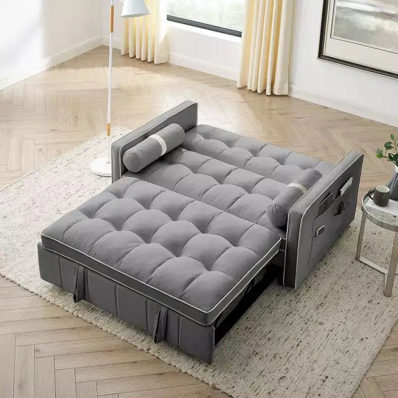 55.5" Pull-Out Velvet Sofa Bed with Adjustable Backrest & Side Pockets