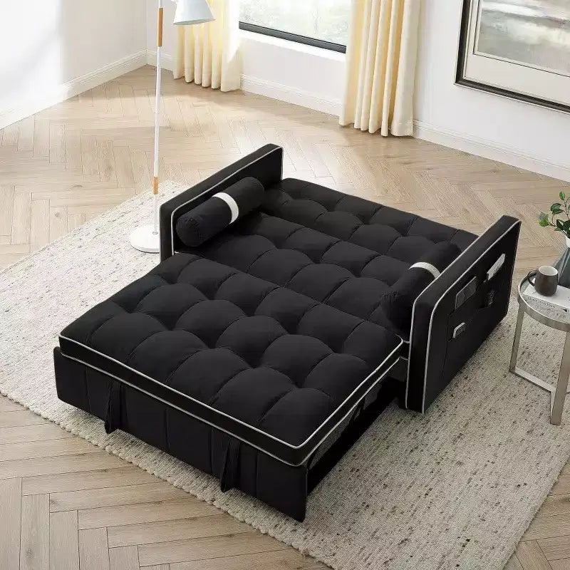 55.5" Pull-Out Velvet Sofa Bed with Adjustable Backrest & Side Pockets