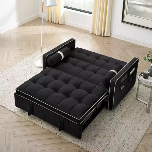 55.5" Pull-Out Velvet Sofa Bed with Adjustable Backrest & Side Pockets